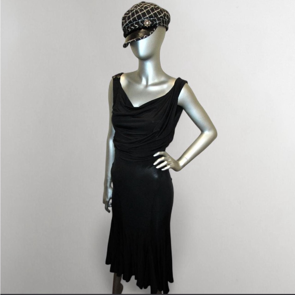 Just Cavalli Black Draped Midi Dress With Branded Button Detail Size 42
